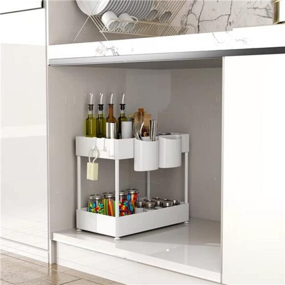 2 Tier Under Kitchen Bathroom Cabinet Storage Rack with 6 Hooks and 2 Baskets - Picture 3 of 6